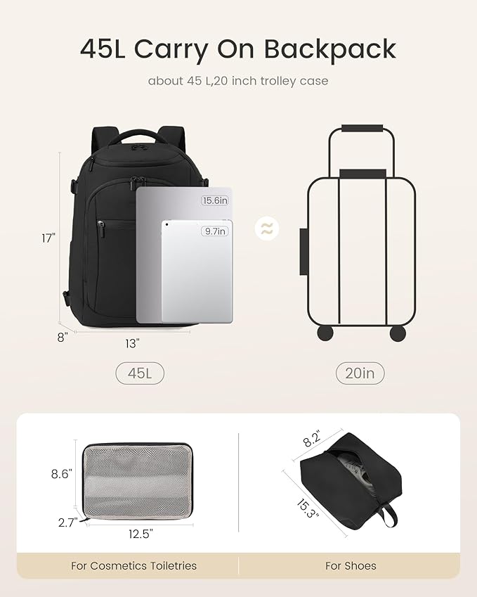 LOVEVOOK 40L Travel Backpack for Women & Men,Airline Approved Carry On Backpack with 3 Packing Cubes,TSA Waterproof Personal Item Bag,Weekender Overnight Essentials Backpacks fits 18" Laptop