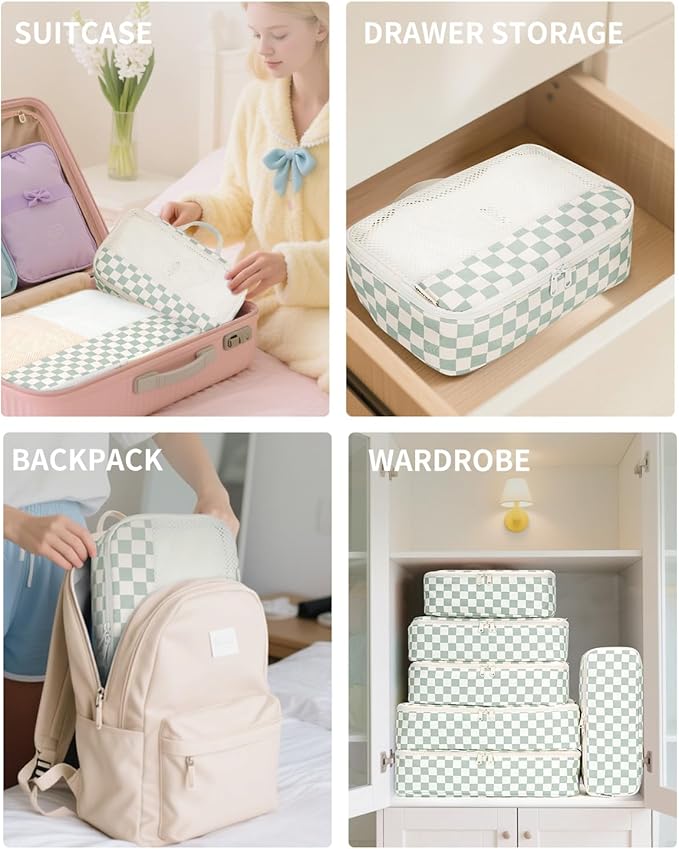 Narwey 7 Set Checkered Packing Cubes for Travel Kids Women, Durable Packing Organizer Bags for Carry on Suitcase Luggage Travel Essentials Accessories (Mint Green Checkerboard)