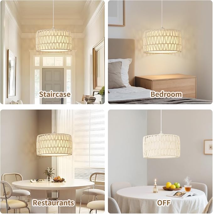 Plug in Pendant Light, Rattan Hanging Lights with Plug in Cord | Woven & Fabric 2 in 1 LampShade, Hanging Lamp Plug in for Bedroom Living Room Kitchen Island-Cream (Bulb Included)