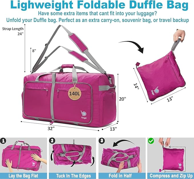 Bago Extra Large Duffle Bag for Travel Women & Men. Durable, Lightweight, Foldable Travel Duffel Bags For Traveling Women. 140L Duffle Bags Use As a Weekender Bag with Shoe Compartment, Checked Duffel