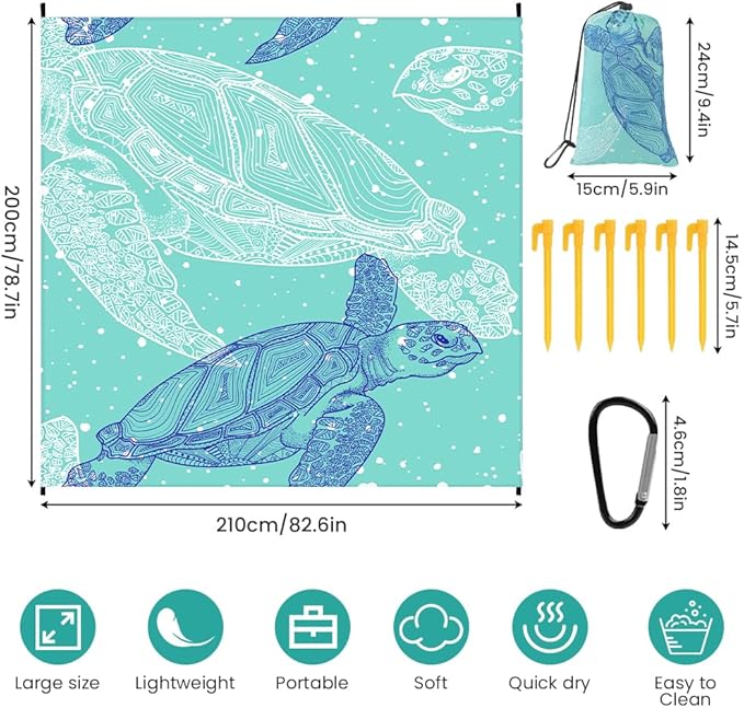 Ainiv Beach Blanket, Large Picnic Mat 210 x 200 cm (4-6 People) Foldable, Sandproof Waterproof, Camping Outdoor Blanket with 6 Fixed Nails for Beach, Hiking, Picnic