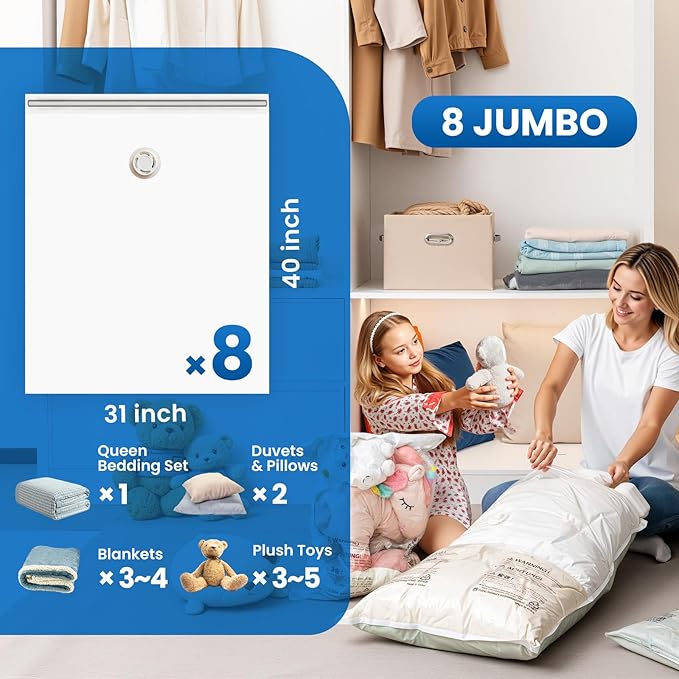TAILI 16 Pack Vacuum Storage Bags for Comforter and Blankets, Jumbo Vacuum Seal Bags for Bedding 40x31 Inch, Space Saver Bags for Clothes, Pillows, Saving More Closet Space