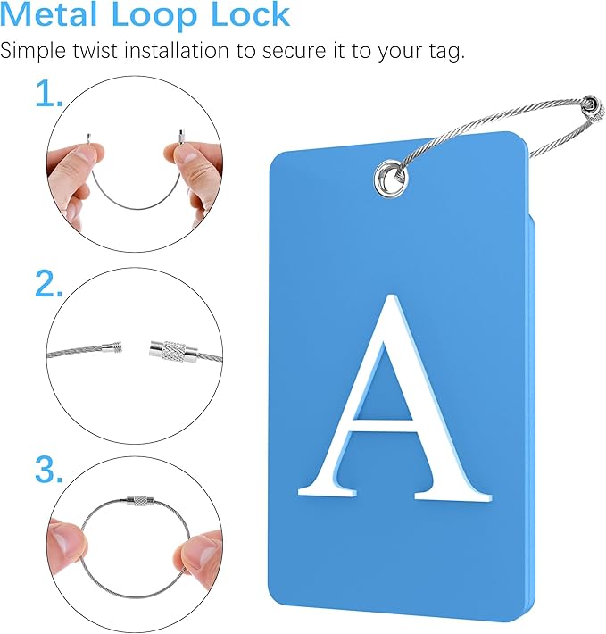Gostwo 2 Pack Luggage Tags for Suitcases, 26 Initial Letter Travel Luggage Baggage Identification Labels ID Tag Fully Bendable Tags with Stainless Steel Loop (Blue) (Letter A)