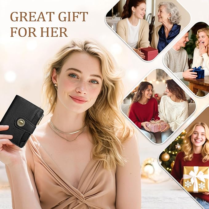 Icycay Black Small Wallet Women RFID Blocking Bifold, Credit Card Holder, Zipper Coin Pocket, PU Leather, Compact, Travel, 4 ID Window, 14 Card Slots, Cash Purse, Ladies Woman Female Girls