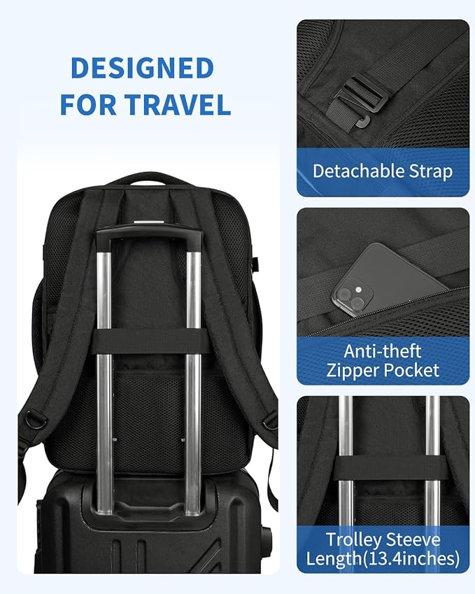 WANDF Travel Backpack For Spirit Airlines Personal Item Bag 18x14x8 with Wet Pocket, 17 Inch Laptop Backpack for Men Women（Black）
