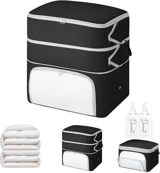 Comforter Storage Bag - 130L Blanket Storage Bags Front-opening Ultra Space Saving Self Compression Organizer, Washable Compression Bags for Storage Comforter Blanket, 1 Pack, Black