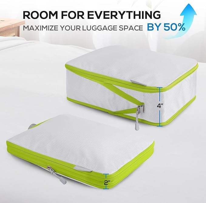 Compression Packing Cubes, 6 Set Packing Cubes for Travel Compression, Lightweight Compressible Package Organizer for Carry On and Suitcases, White and Green