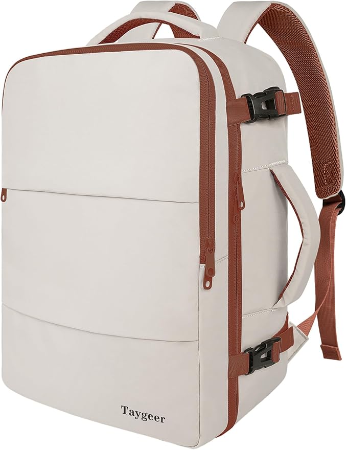 Taygeer Backpack for Women, College Backpack with Laptop Compartment & Shoe Pouch, 35l Travel Laptop Mochila Carry On Luggage, Airline Approved Personal Item Bag For Weekender Gym Hiking, Khaki White