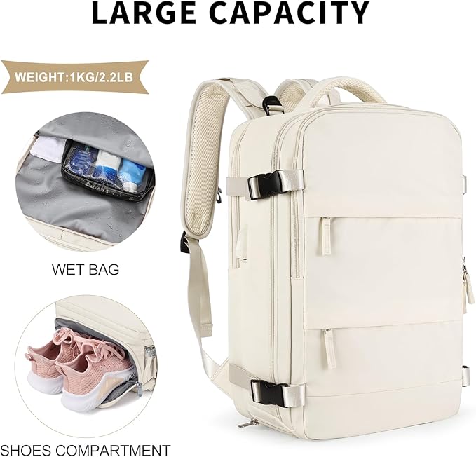 coowoz Large Travel Backpack For Women Men,Carry On Backpack Flight Approved,Hiking Backpack Waterproof Outdoor Sports Rucksack Casual Daypack Fit 15.6 Inch Laptop Shoes Compartment（Off White）