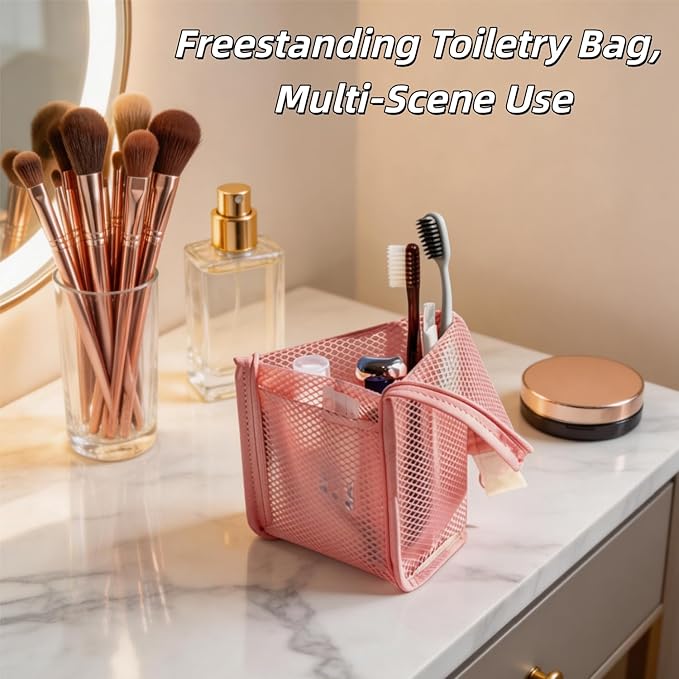 2PCS Standing Toiletry Bag, Foldable Clear Hanging Travel Cosmetic Bag, Large Capacity Waterproof EVA Organizer for Toothbrush & Toiletries (Pink+White)