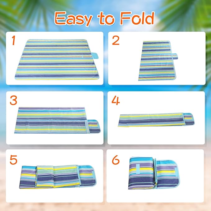 Shellwei 6 Pcs Beach Blankets Waterproof Sandproof Extra Large 80 x 60 Inch Outdoor Picnic Blankets Foldable Portable Beach Mat Tote Travel Supplies for Camping Park Grass(Blue Stripes)