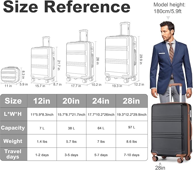 Kono 24 Inch Luggage Suitcase with Spinner Wheels TSA Lock Lightweight PC+ABS Hardside Medium Checked Luggage Durable Rolling Suitcase Apricot Black