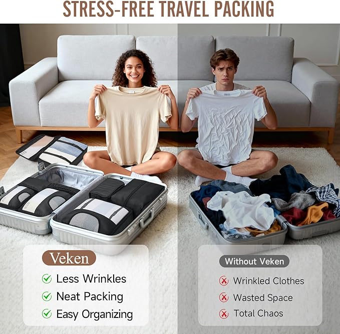 Veken 10 Set/8 Set Packing Cubes for Travel Essentials, Suitcase Organizer Bags in 4 Sizes, Carry-On Luggage Accessories with Laundry & Toiletry Bag, Airplane Must-Have, Road Trip & Camp Gifts for Men