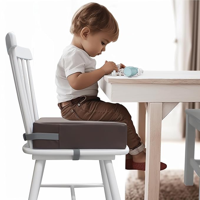 Toddler Booster Seat Dining Table Kitchen Chair, Waterproof Anti-Scratch PU Cushion, Non-Slip Bottom, Adjustable Buckle Straps, Easy Clean Portable Seat Cushion (Dark Brown)