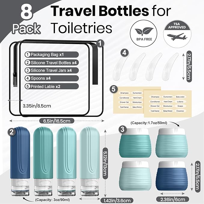 Travel Bottles for Toiletries 8 Pack, TSA Approved Travel Size Toiletries Containers Set, 4 Silicone Leak Proof Refillable Bottles and 4 Creams Jars Accessories Kit W/Clear Bag (GREEN)