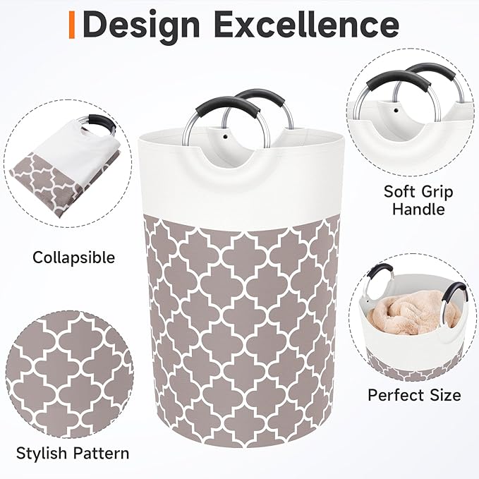 Large Laundry Basket Laundry Hamper Bag Washing Bin Clothes Bag Collapsible Tall With Handles Waterproof Travel Bathroom College Essentials Storage For College Dorm, Family (Khaki)75L