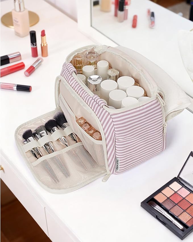 Narwey Striped Travel Toiletry Bag Large Makeup Bag for Women, Wide-open Cosmetic Make Up Organizer with Handle, Travel Bag for Toiletries, Essentials, Accessories (Dusty Pink Stripe)