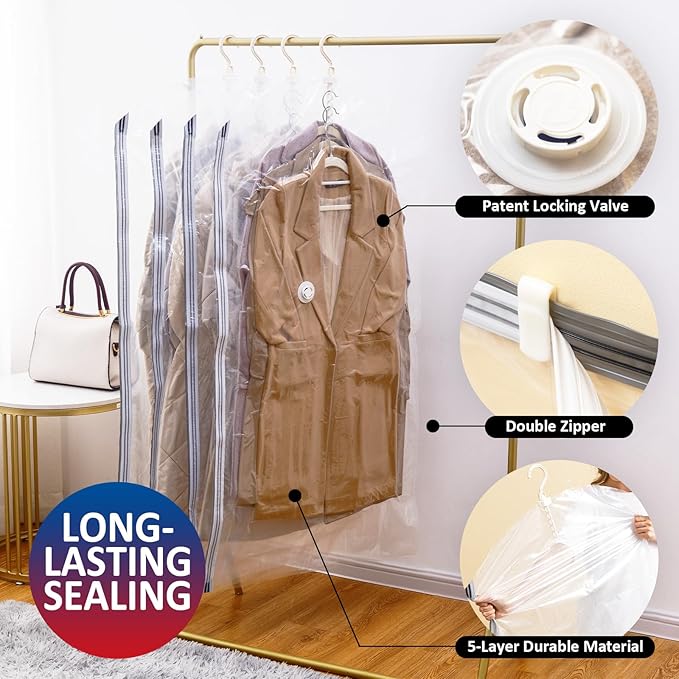 Hanging Vacuum Storage Bags, 6 Pack Large Hanging Vacuum Seal Garment Bags for Clothing, Space Saver for Clothes, Suits, Dresses, Jackets, Clothing Storage for Moving Supplies(53.1x27.6 in)