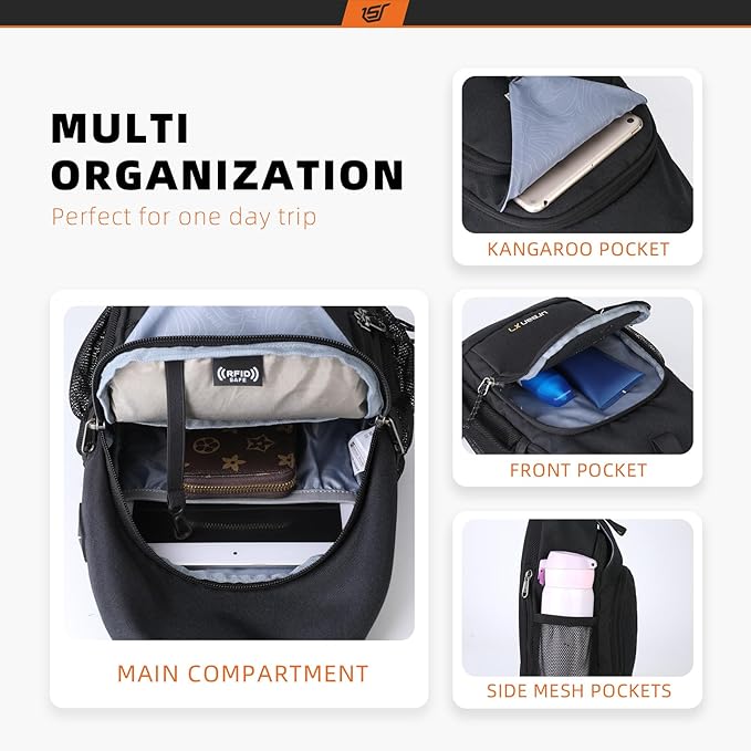 SKYSPER Sling Bag RFID Crossbody Sling Backpack Cross Body Shoulder Bag Travel Hiking Daypack for Women Men(Black)