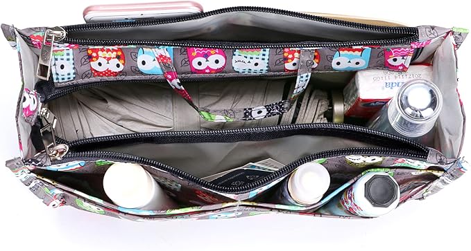 BTSKY Printing Handbag Organizers Inside Purse Insert - High Capacity 13 Pockets Bag Tote Organizer with Handle (Owl)