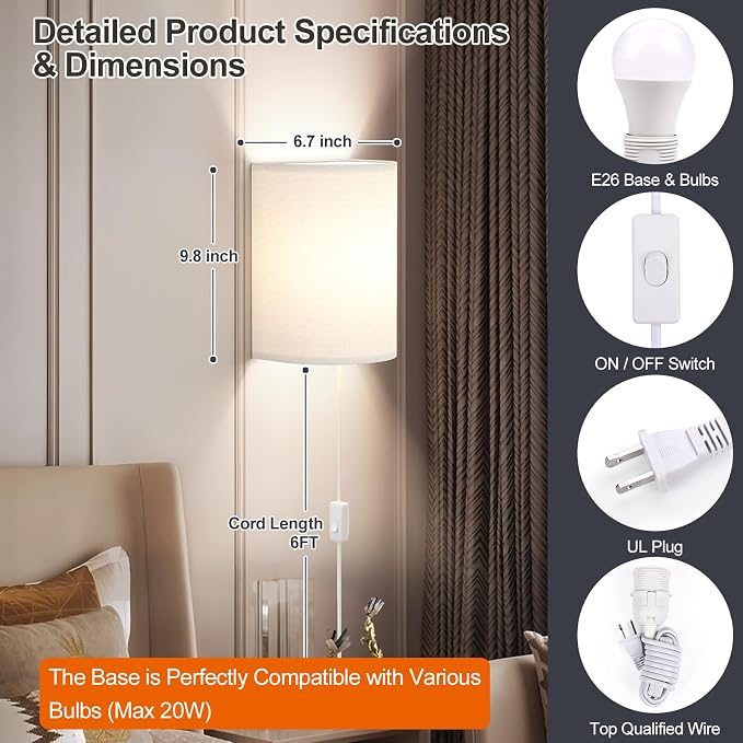 Yunaking Plug in Wall Sconces Set of Two Wall Lights with On/Off Switch | Stepless Color Temperature Wall Lamps with Fabric Linen Shade for Bedroom Living Room & Hallway- Indoor Corded Wall Decor