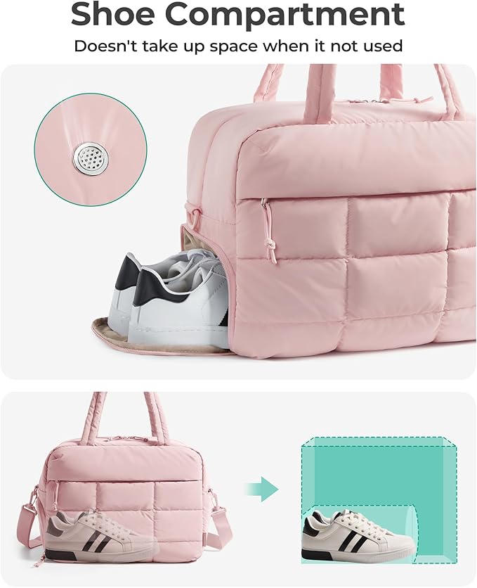 BAGSMART Gym Bag for Women, Carry on Travel Duffel Bag, Water-resistant Weekender with Shoe Compartment for Gym Travel Work, Light Pink, Medium