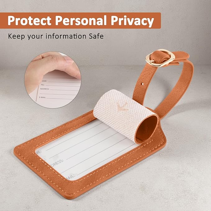 1 Pack Luggage Tag, PU Leather Suitcase Tags Identifiers Privacy Cover ID Label for Travel Bag Suitcase with 2 Pack Luggage Straps for Hats, Bags and Travel Accessories(L-Brown)