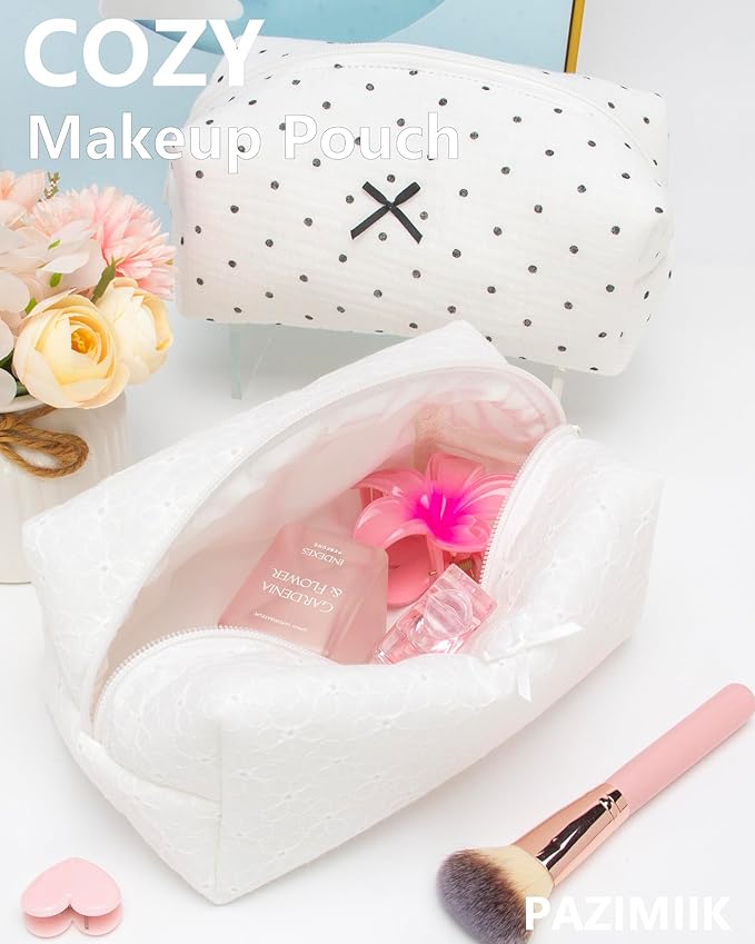 PAZIMIIK Cozy Makeup Bag Small Aesthetic Travel Zipper Cosmetic Pouch for Women Make Up Beauty Accessories Brushes,Embroidery Flower