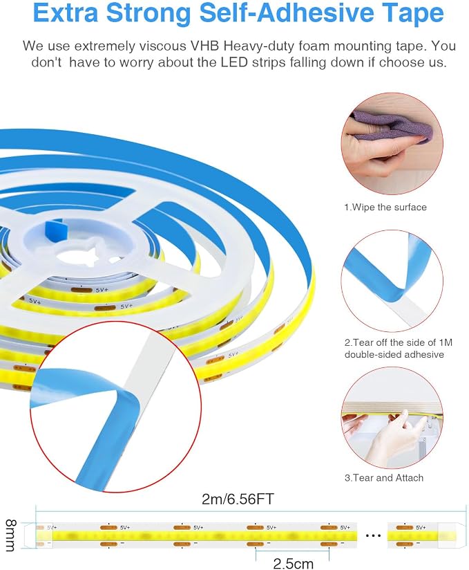 Aclorol 6FT USB LED Strip Lights for Bedroom 2 Pack Cold White 6000K | Dimmable Brightness, 5V COB LED Strip with Self-Adhesive, Flexible for Bedroom Kitchen Cabinet Mirror Staircase DIY Lighting