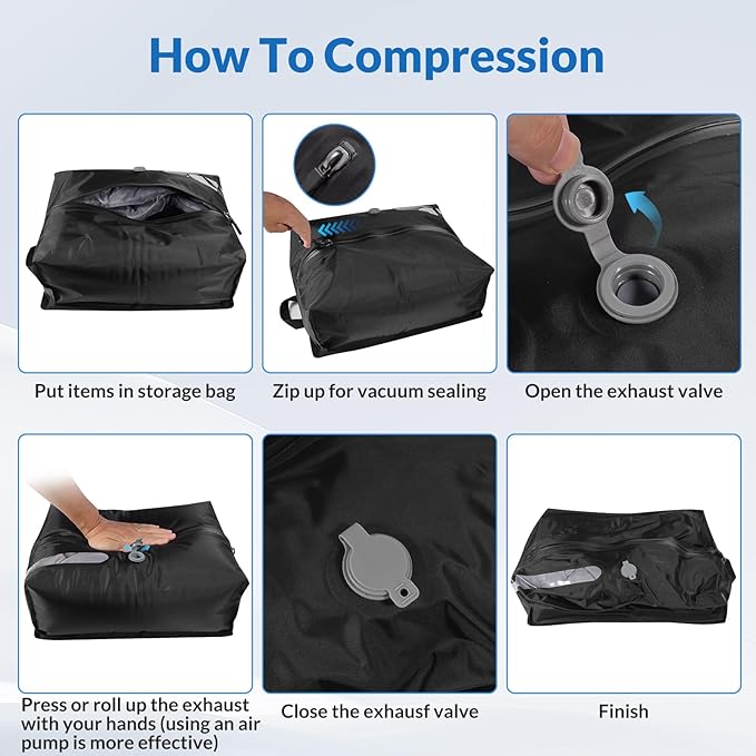 Reusable TPU Travel Vacuum Compression Bags - Waterproof Space Saver Bags for Luggage, Suitcase, Backpack, Storage Organizer (No Pump Required, 2 Pack, Black)