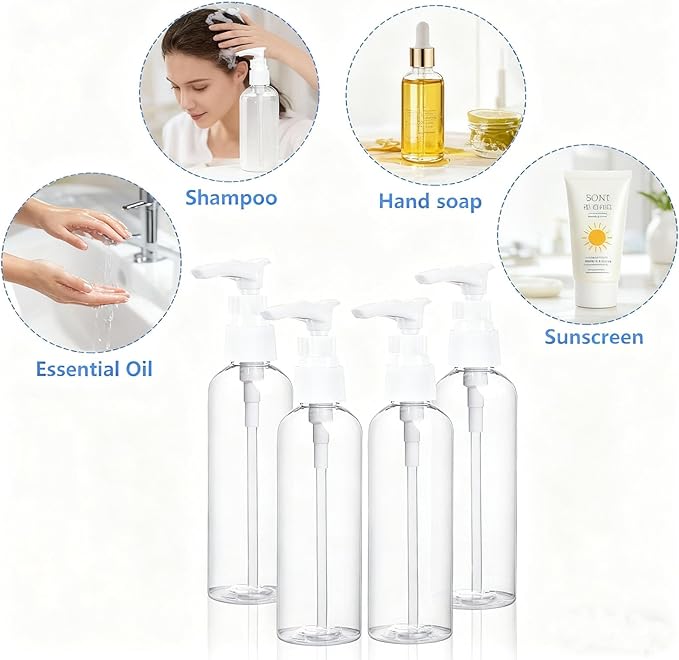 4 Pack 3.4 Oz (100ml) TSA Approved Travel Pump Bottles for Toiletries Clear Travel Size Bottles Leak Proof with Labels
