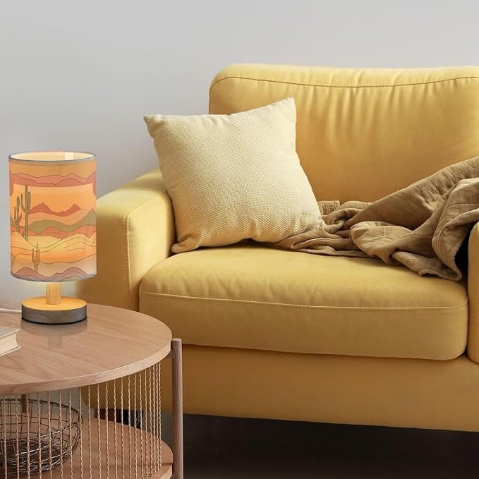 Fustylead Abstract Desert Sunset Cactus Bedside Table Lamps with USB Port for Bedroom Lamp Accent Table Lamp Small Nightstand Lamp Sturdy Linen Shade Wooden Decorative Lamps for Home|Kids|Holiday