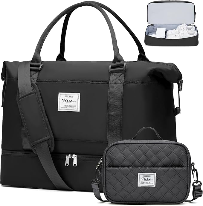 Weekender Bags for Women,Personal Item Travel Bag with Shoes Compartment,Overnight Travel Duffel Bag with Black GrayToiletry Bag