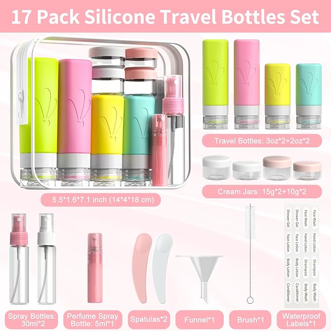 INSFIT 17 Pack Travel Bottles for Toiletries, TSA Approved 3oz 2oz Travel Size Toiletries, BPA Free Leak Proof Squeezable Silicone Tubes Travel Essentials for Shampoo Conditioner Lotion Soap