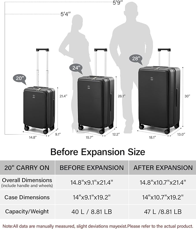 Hanke 20 Inch Expandable Carry On Luggage with Cup Holder 22x14x9 Airline Approved, Top Opening Hard Shell Suitcases with Wheels, Carry-On Travel Suitcase Trunk Luggage with Lock, Jet Black