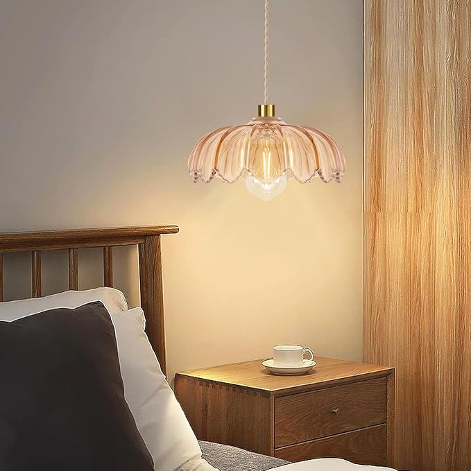 QIYIZM Plug in Pendant Light Hanging Lights with in Cord Mid Century Modern Gold Hanging Lamp Flower Glass Amber Vintage Dimmable Chandelier Ceiling Fixture for Living Room,Kitchen,Boho
