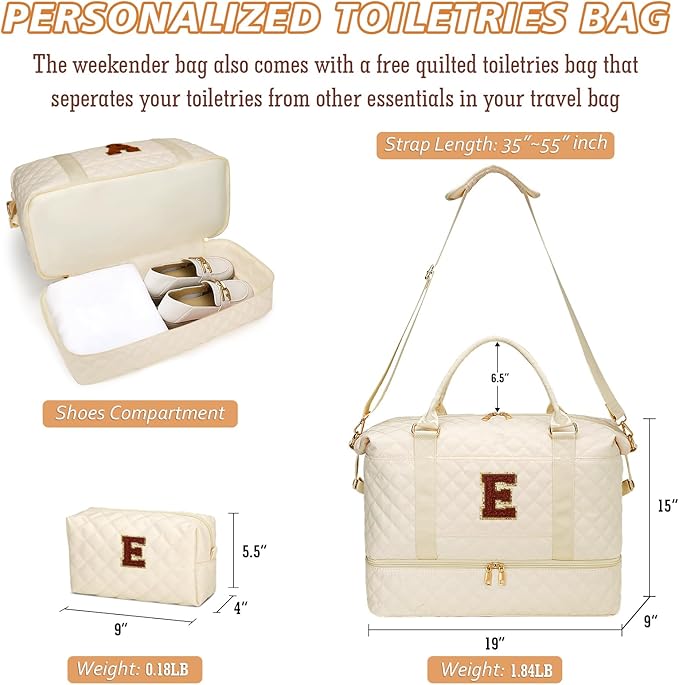 Gifts for Women Initial Travel Duffle Bag Quilted Weekender Bags Carry-On Overnight with Cosmetic Bag, Gym Bag with Shoe Compartment Hospital Bag for Women Labor Delivery, Beige-E