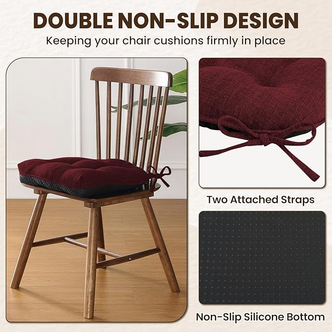 downluxe Indoor Chair Cushions for Dining Chairs, Tufted Overstuffed Textured Kitchen Chair Pads with Ties and Non-Slip Backing, 15.5" x 15.5" x 4", Burgundy, 6 Pack