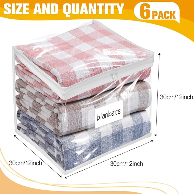 Kikerike Plastic Storage Bags with Easy-Glide Zipper, Pack of 6, Durable Clear Vinyl Zippered Storage Bags for Clothes Sweaters Comforters Blankets Sheets Bedding (12 x 12 x 12 Inch)