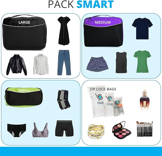 bago 8 Pcs Packing Cubes for Travel - 5 Travel Packing Cubes for Suitcases with 3 ZipLock Bags, Luggage Organizer Bags to Get Maximum Storage, Save Time & Effort to Pack (Black Blue Purple Green Pink)