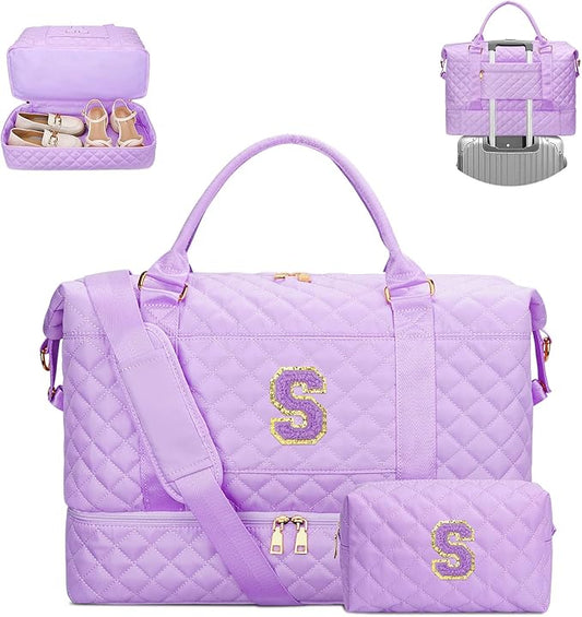 Teenager Girl Initial Travel Duffle Bag Quilted Weekender Bags Carry-On Overnight with Cosmetic Bag, Gym Bag with Shoe Compartment Hospital Bag for Women Labor Delivery, Purple-S