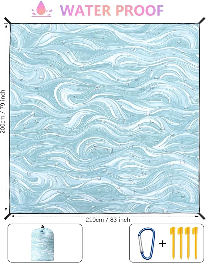 Beach Blanket Waterproof Sandproof Beach Mat for 1-8 Adults Quick Drying Durable Outdoor Picnic Mat for Beach Festival Travel Camping Hiking (Ocean Wave-Dark BL, 79"×83"(4 Person))