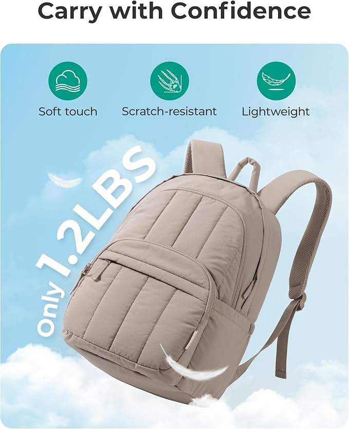 BAGSMART Womens Backpack Travel Laptop Backpack for Women, Quilted College Laptop Bookbag, Work Back Pack for Women, Cute Computer Water-Resistant Casual Daypack, Puffer Beige
