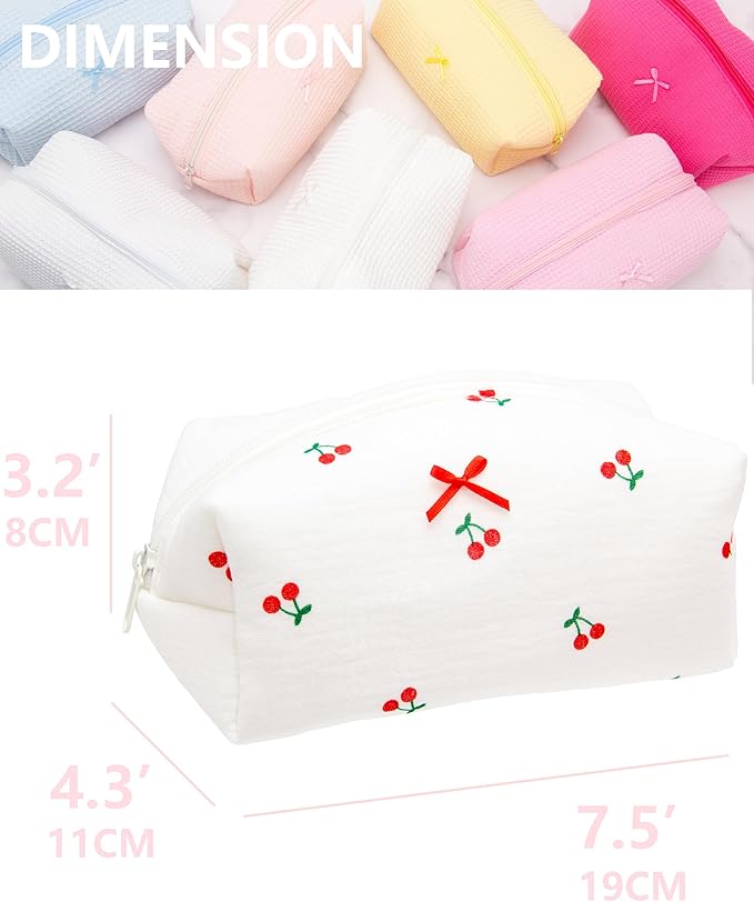 PAZIMIIK Cozy Makeup Bag Small Aesthetic Travel Zipper Cosmetic Pouch for Women Make Up Beauty Accessories Brushes,Cherry White