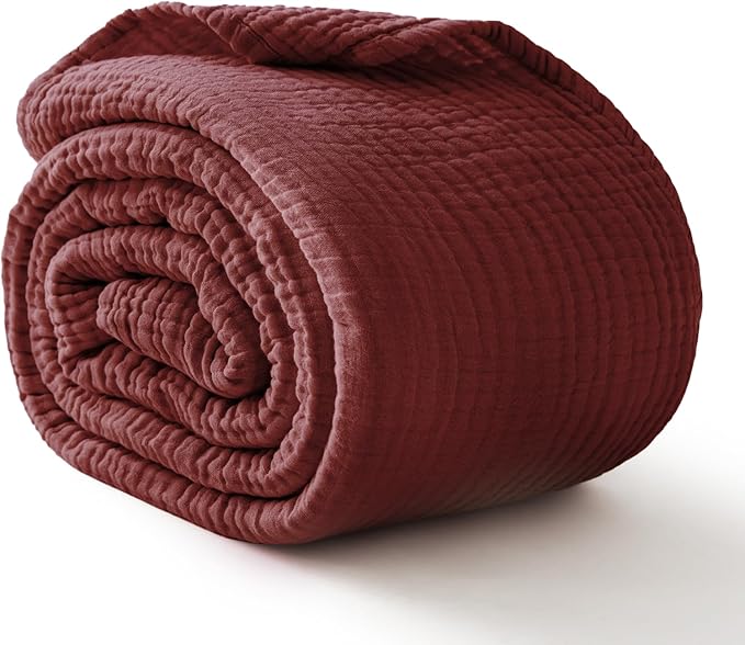 100% Cotton Muslin Blanket Twin 66" x 90", 6 Layers Breathable and Lightweight Cotton Blankets for Couch, Soft Cooling Summer Gauze Blanket for Adults All Season, Burgundy