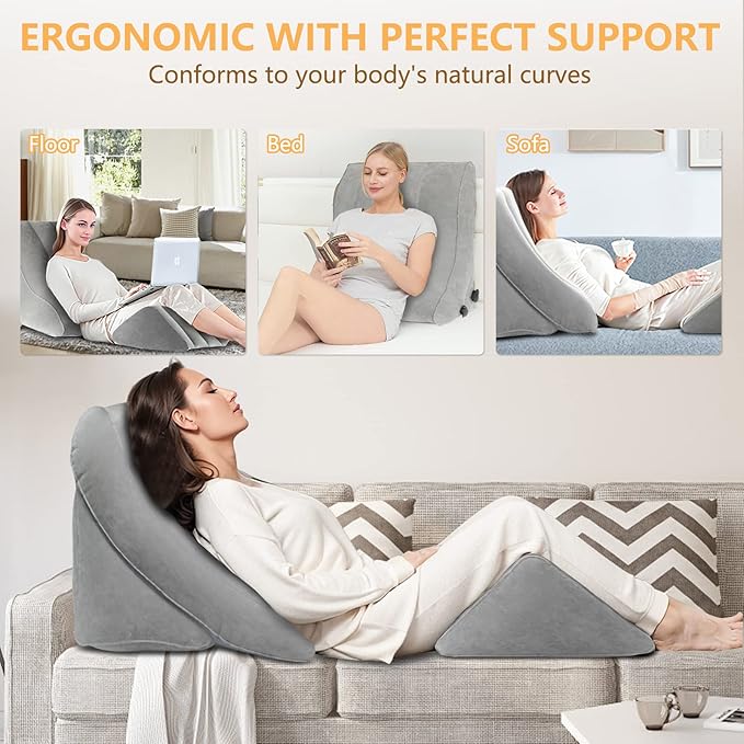 Inflatable Wedge Pillow Set for Sleeping, Bed Wedge Pillow Set for Travel, Post Surgery Wedge Pillow for After Surgery, Knee & Back Pain, Acid Reflux, GERD, Anti Snoring and Heartburn