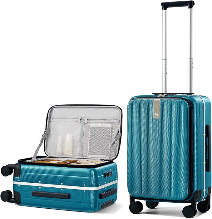 Hanke 20 Inch Carry On Luggage Hard Shell Top Opening Aluminum Frame Hardside Suitcase with Spinner Wheels, Durable Rolling Luggage for Men & Women Travel, Christmas & Birthday Gifts, Caribbean Blue