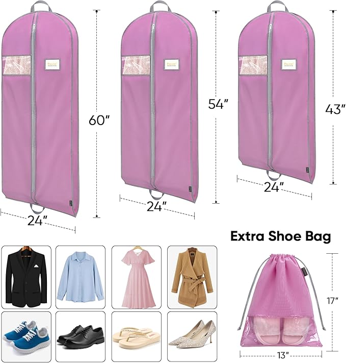 BALEINE 5PK Heavy Duty Garment Bag with Shoe Storage Travel Bag for Dresses, Suit, Coats Travel Essential (54", Pink)
