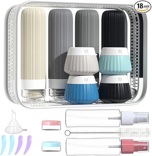 18 Pack Travel Bottles Set, TSA Approved Leak Proof Silicone Squeezable Containers for Toiletries, Refillable Travel Accessories for Conditioner, Shampoo, Lotion & Body Wash Accessories