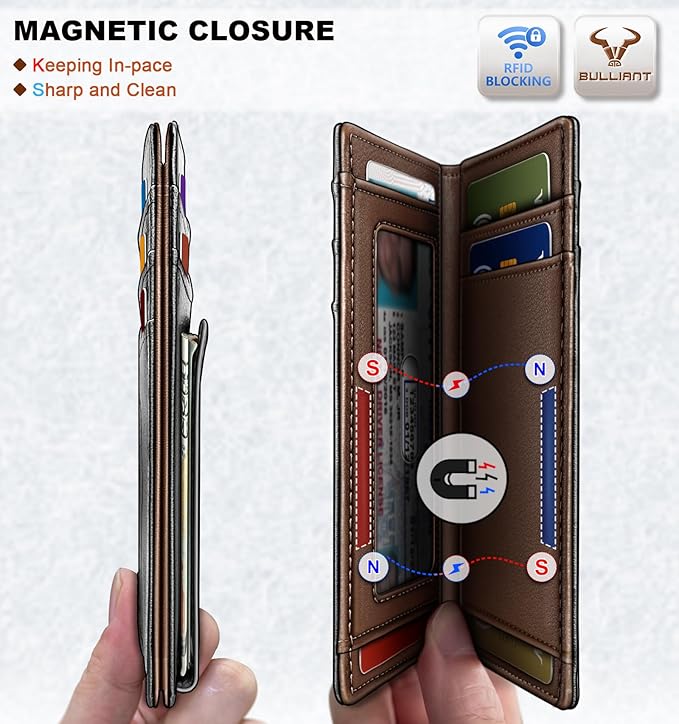 BULLIANT Magnetic Closure Slim Wallet-Genuine Leather Front Pocket Wallet for Men,RFID Blocking,Holds 12 Cards and Money Clip